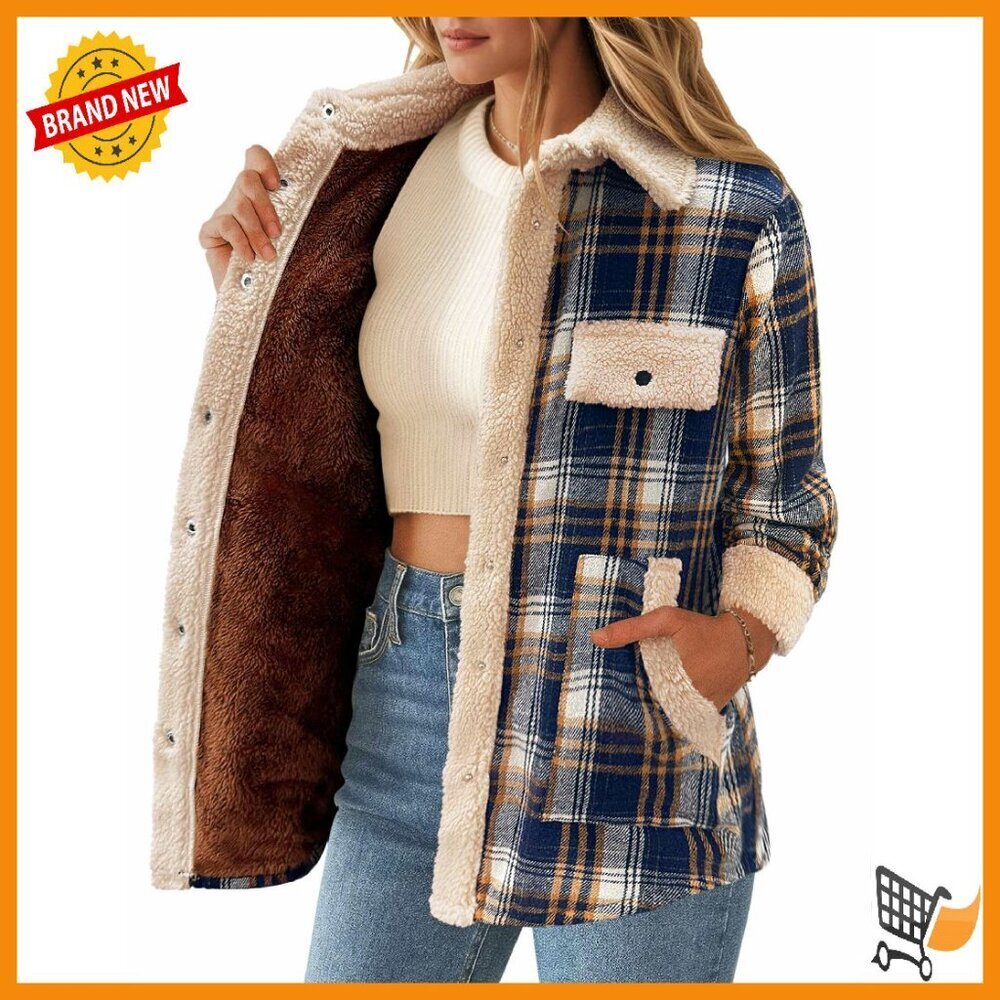 Fleece Lined Flannel Shacket Cozy Winter Coat Button Down S-XXL